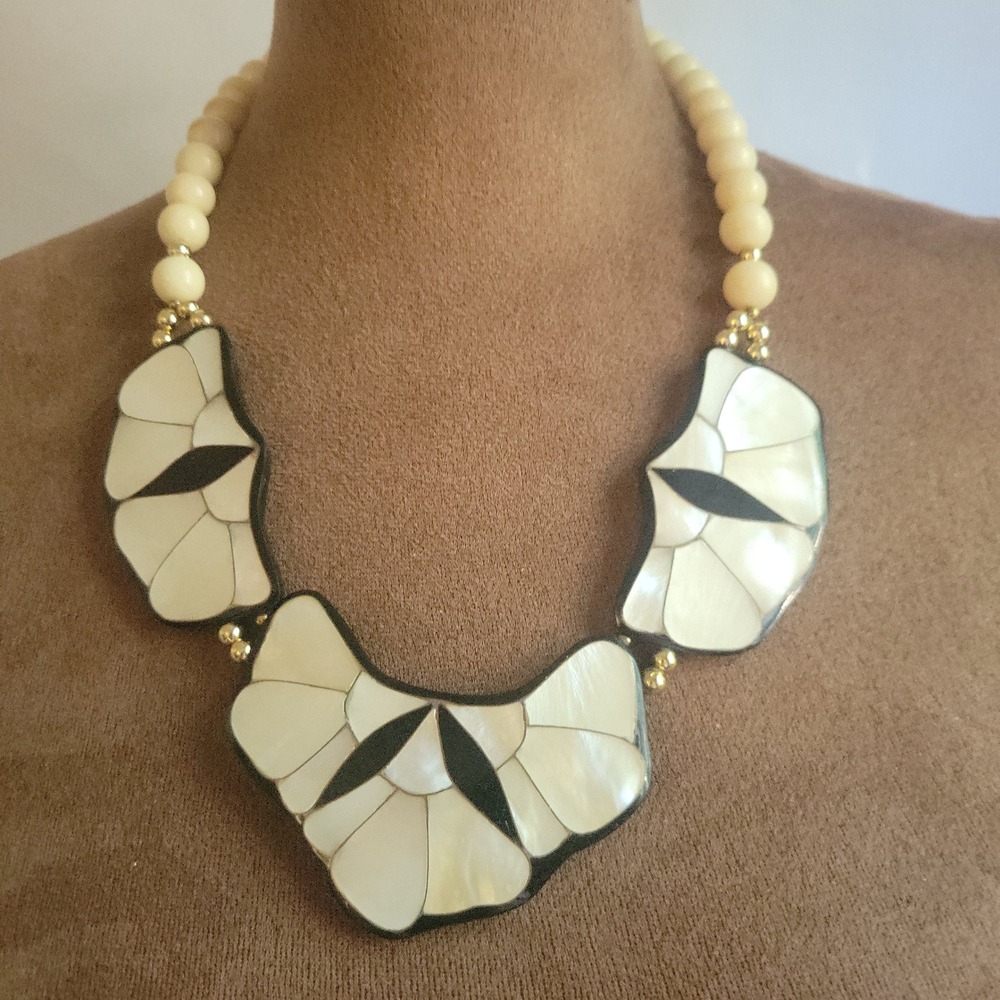Vintage Shell Inlay Mosaic Bib Statement Necklace Cream Black One Size Eclectic
